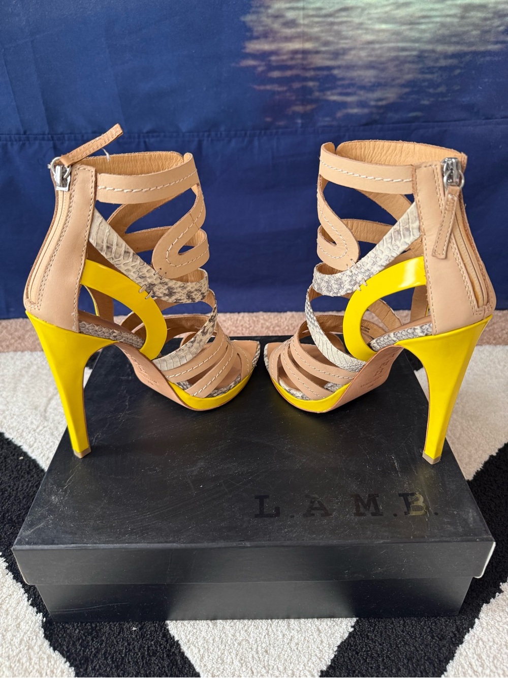 L.A.M.B. Beige Strappy Pointed-Toe High-Heel Sandals with Snakeskin Accent - Picture 4 of 5